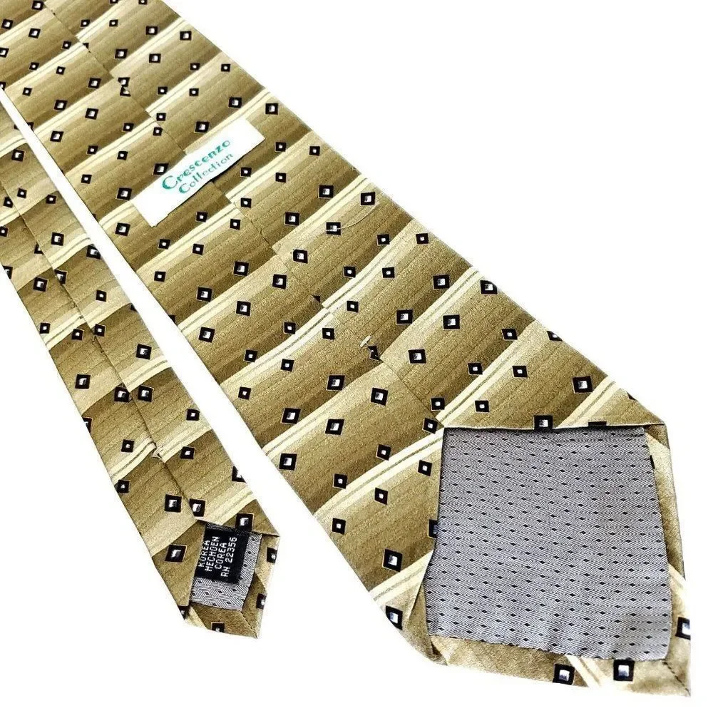 Crescenzo Collection Silk Tie Beige Woven Check Short Wide‎